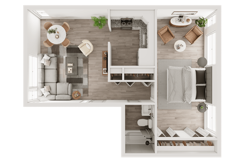 a 1 bedroom apartment is shown with a bedroom and a living room at The Flats at Talcott, Weatogue, Connecticut, 06089